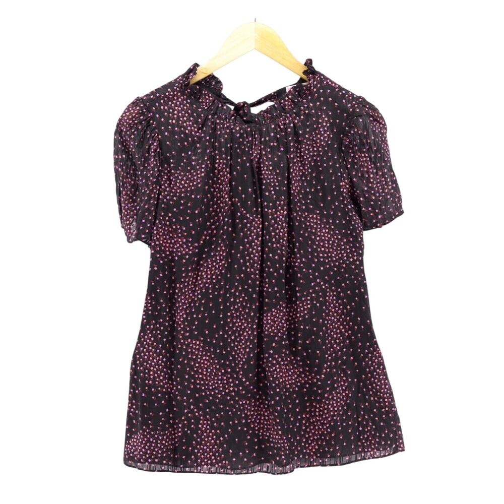 Kate Spade Black Meadow Tie Back Short Sleeve Blouse Sz S Romantic Floral